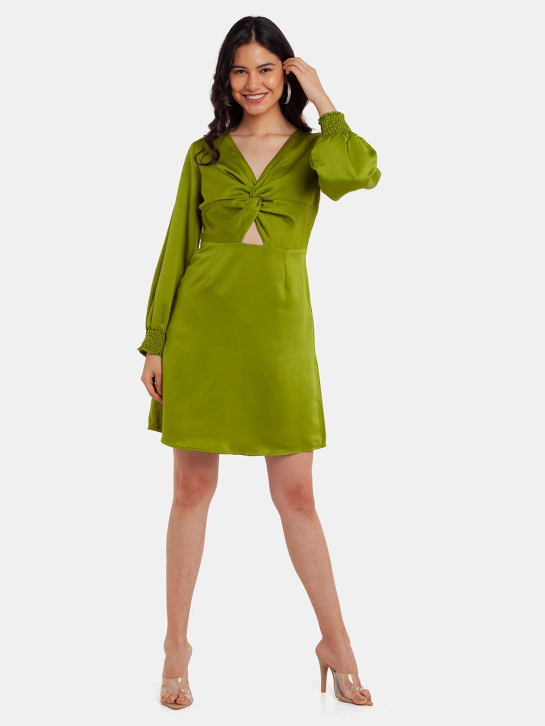 green-solid-cutout-short-dress-for-women