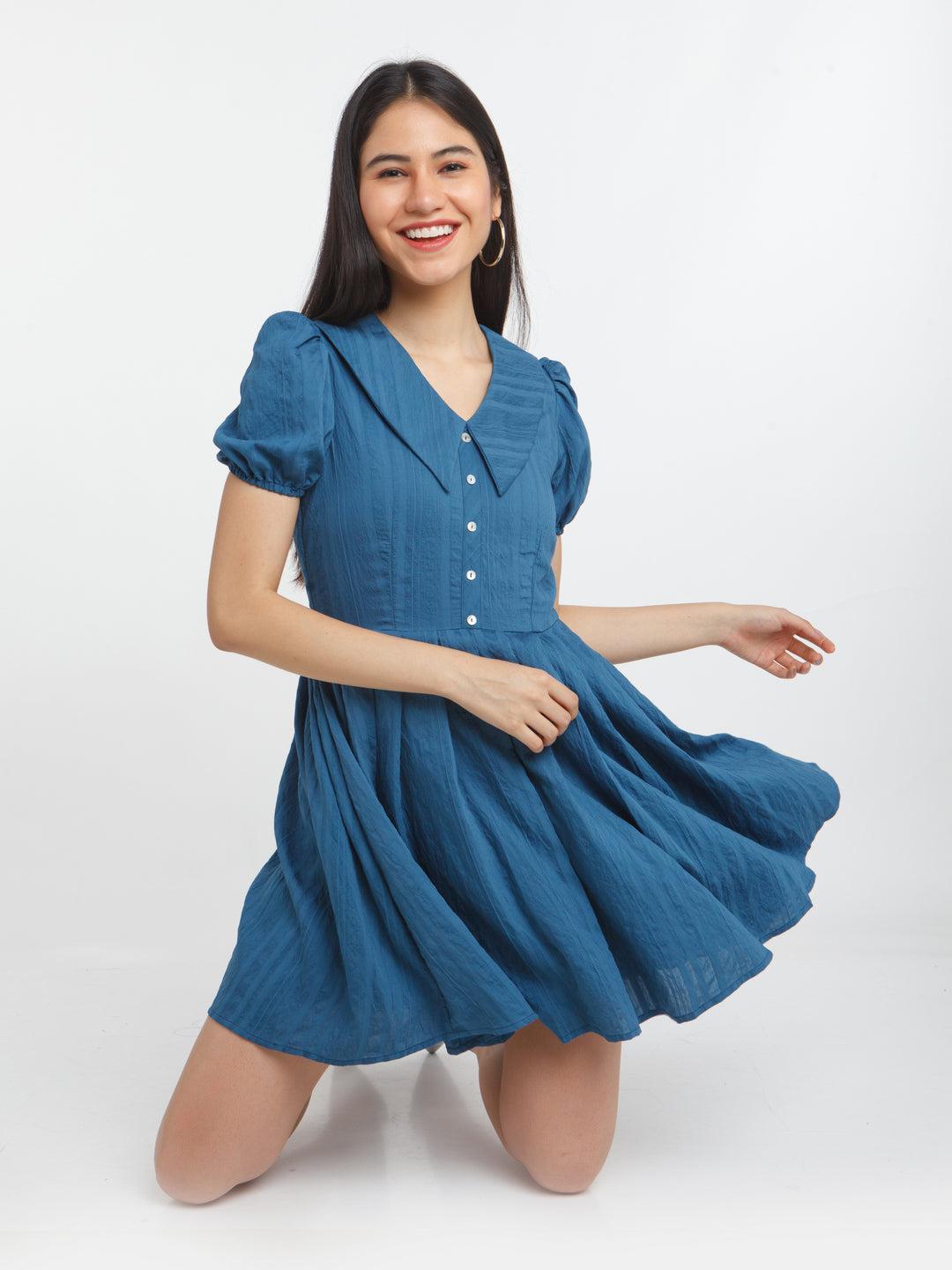 blue-solid-pleated-short-dress-for-women