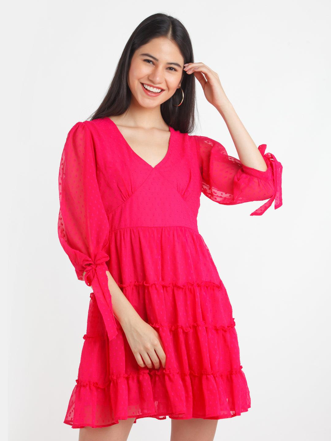 pink-self-design-tiered-short-dress-for-women