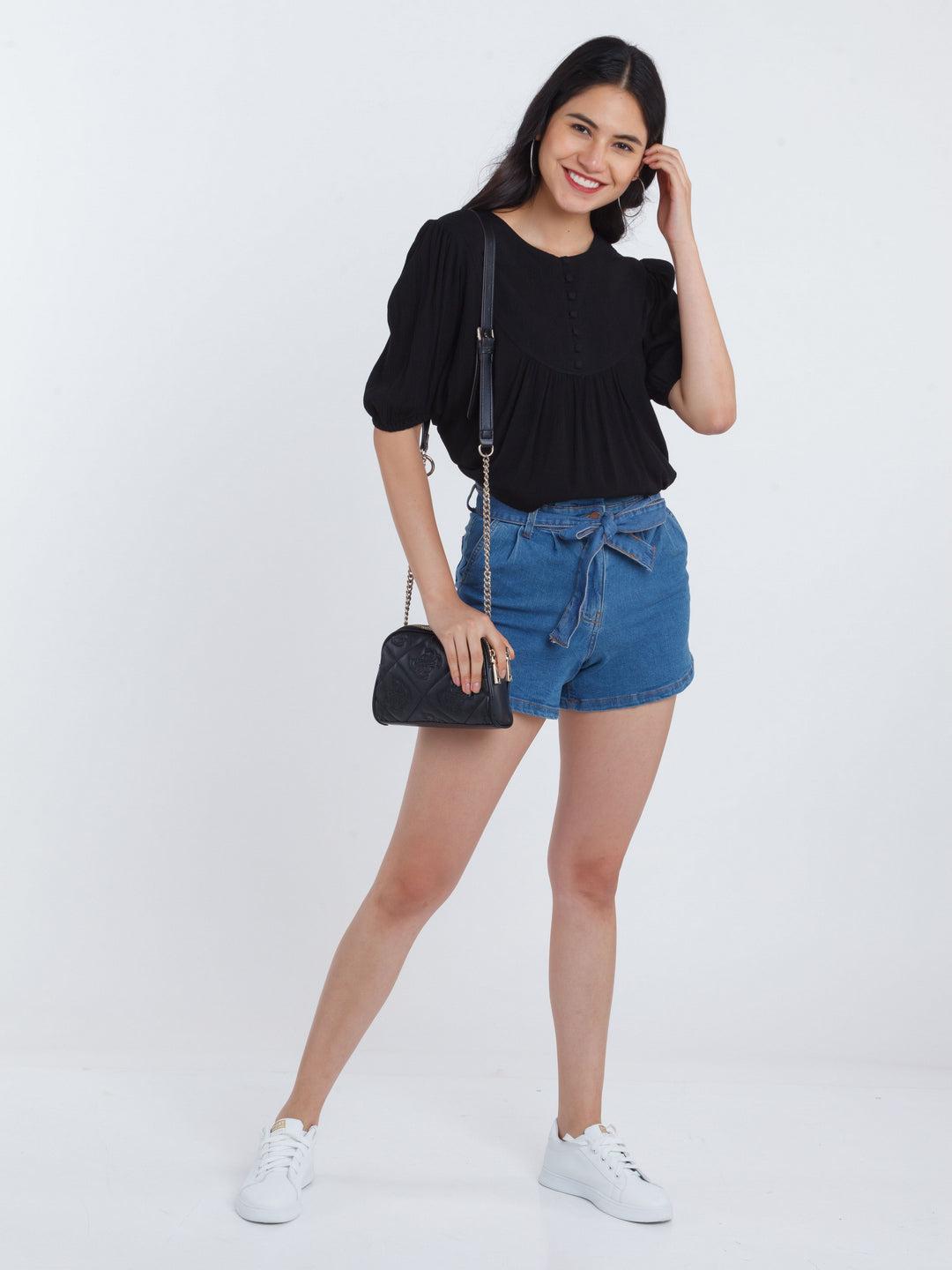 blue-solid-tie-up-jeans-shorts-for-women
