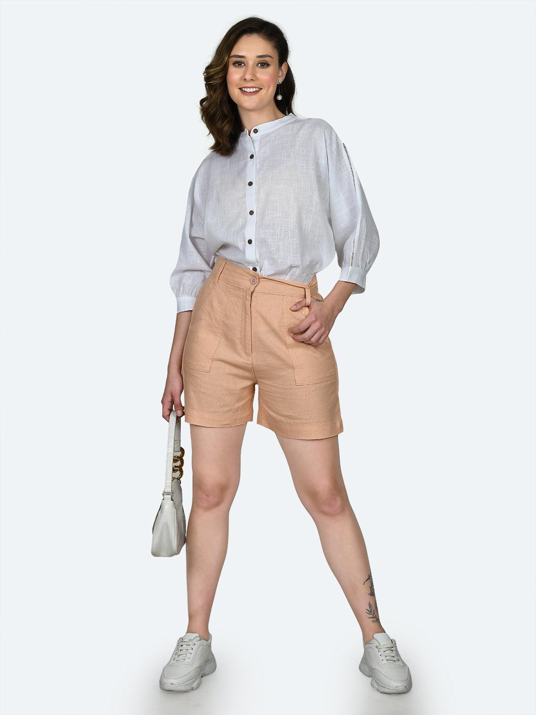Peach Solid Shorts For Women