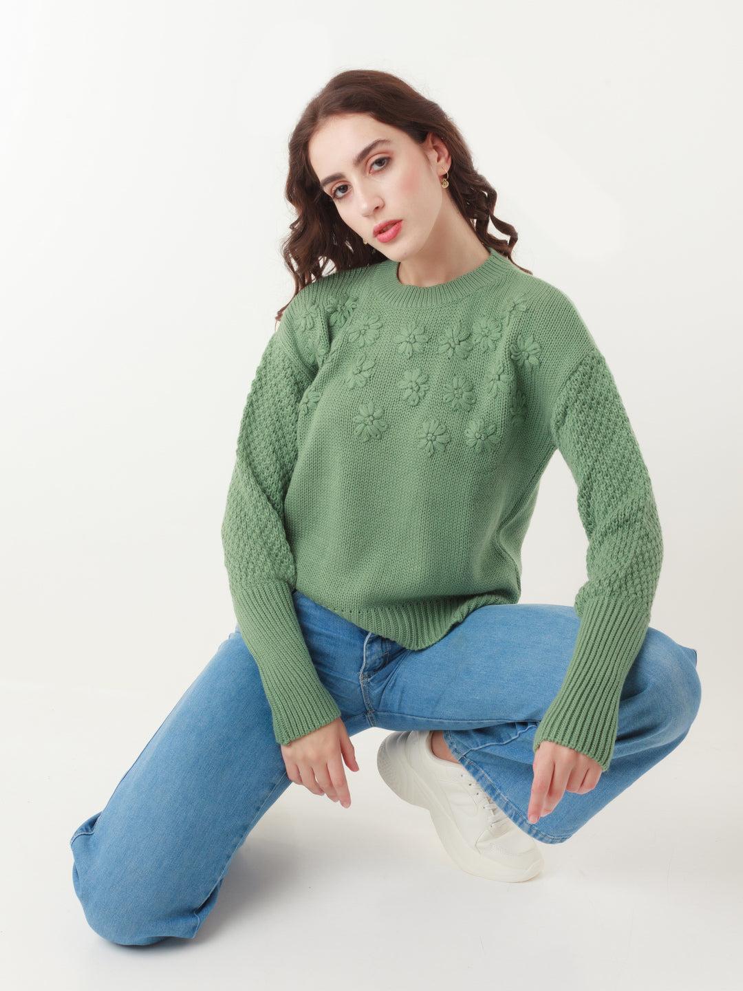 Green Embroidered Sweater For Women