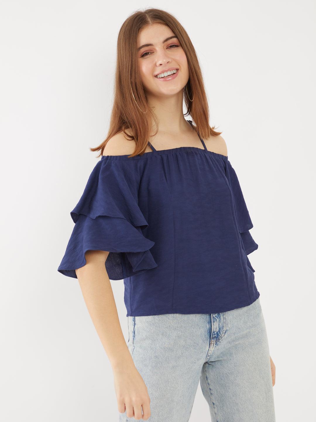 Navy Solid Ruffled Top For Women