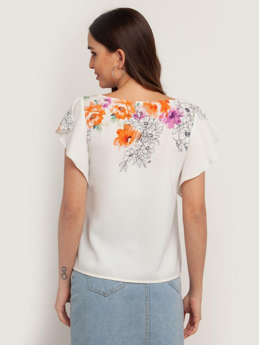 White Printed Flared Sleeve Top For Women
