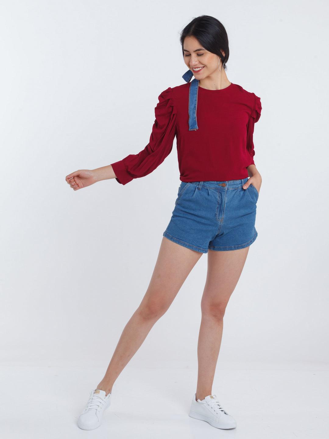 maroon-solid-ruched-sleeve-top-for-women