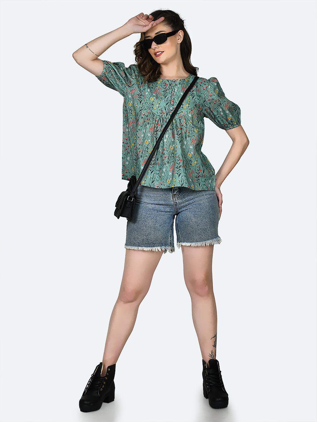 green-printed-gathered-top-for-women